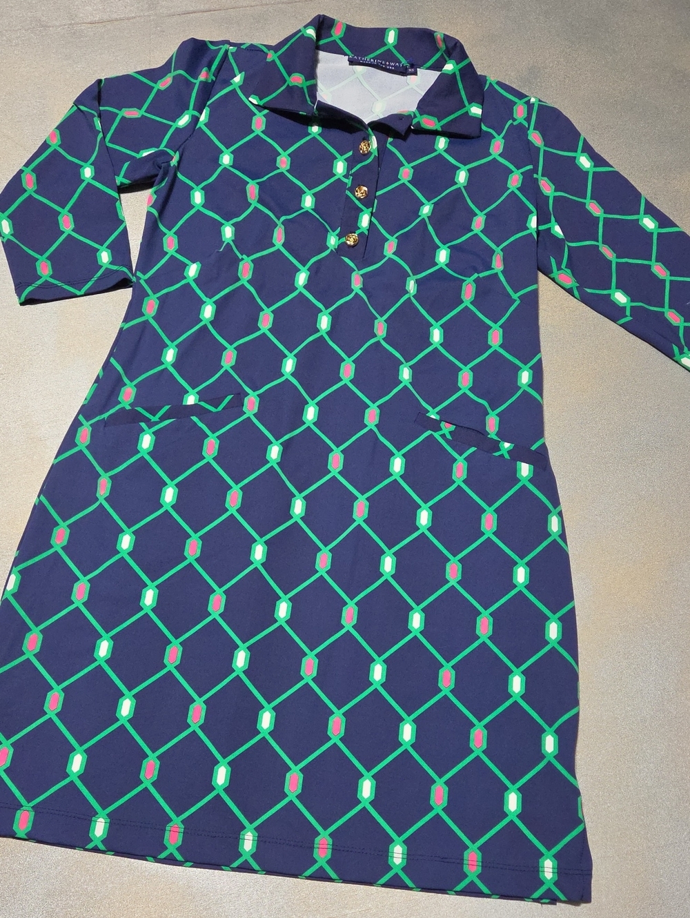 Katherine Way Navy Midi Polo Dress with Green Chain Motif Awesome Golf Dress